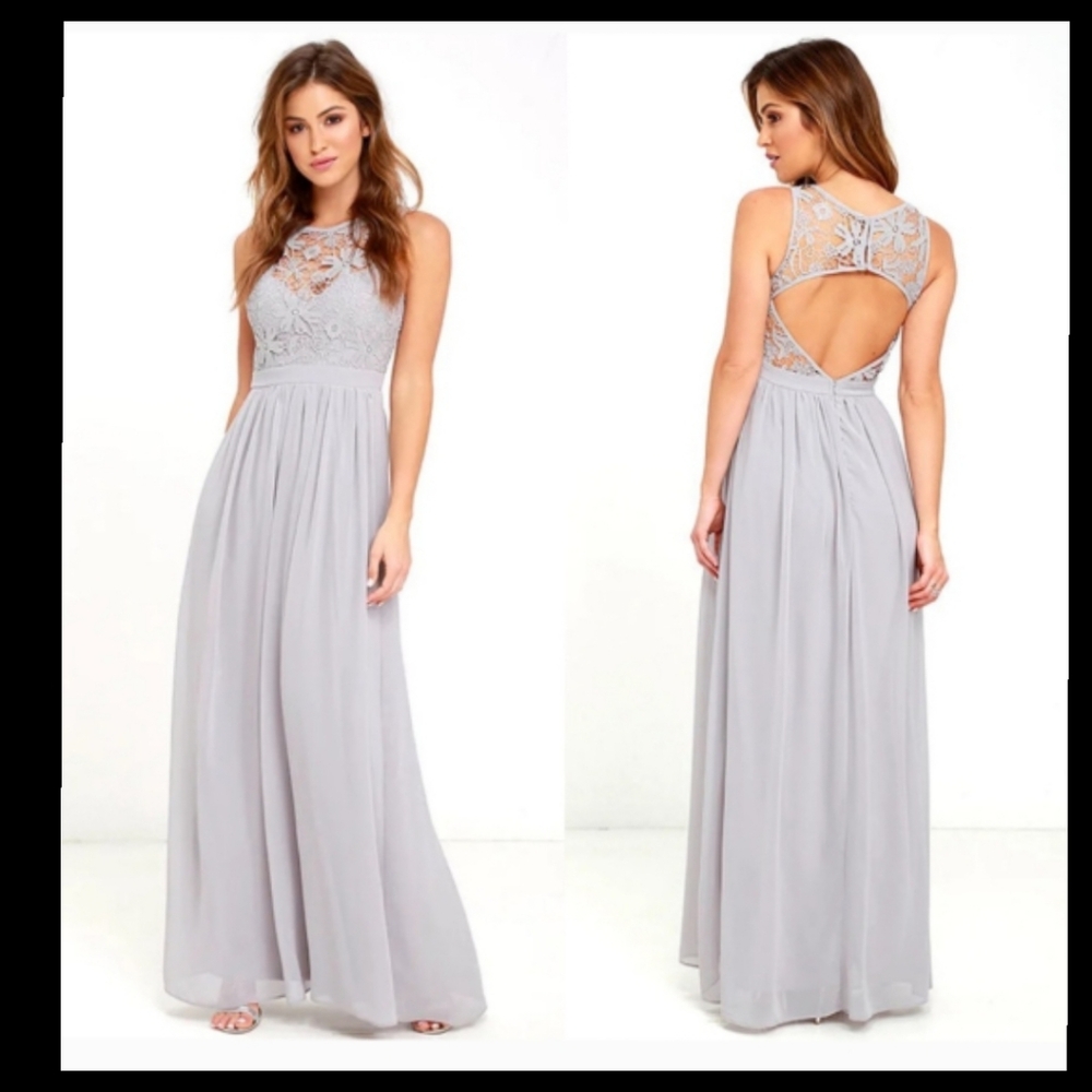 Lulus Grey Lace Maxi Dress • So Far Gown • Open Back Chiffon • Size M